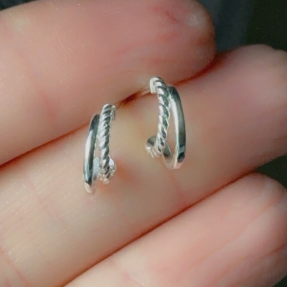Sterling Silver Double Hoop Smooth and Twist Tiny Huggy Earrings - Picture 9 of 13
